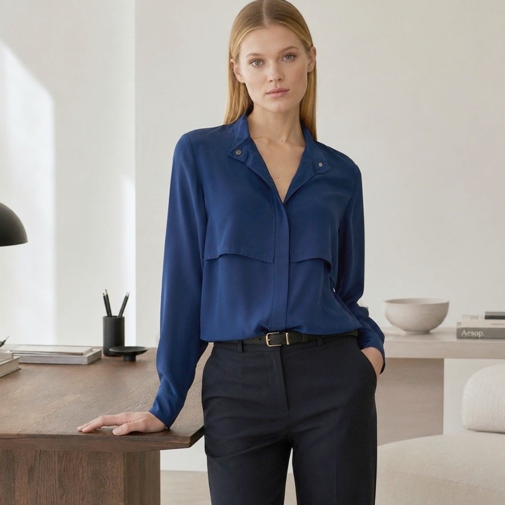 Vince Silk Blouse Storm Flap Large Blue Minimalist Quiet Luxury Office Designer